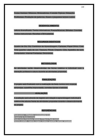 130


Festas Juninas: Músicas, Brincadeiras, Comida Típicas; Situações
Problemas; Produção de palavras, frases e pequenos textos e artes.


                             DESENVOLVIMENTO:

Leitura diversificada: Textos informativos; Poesia/Músicas; Bilhetes; Convites;
Textos instrucionais: Receitas e Brincadeiras.



                           RECURSOS DIDÁTICOS:

Quadro de Giz; Giz; Cantinhos de Aprendizagem; Cartazes; Papel Ofício; Cola;
Tinta guache; Lápis de cor; Tesoura; Pincel; Crepom; CDs; Aparelho de som;
Computador, Internet Fantasias; Dicionários.




                                METODOLOGIA:

As atividades serão desenvolvidas de forma coletiva e individual com a
interação professor e aluno durante as atividades propostas.



                                 FINALIZAÇÃO:

O projeto será finalizado com a realização da festa Junina com músicas
sertanejas, quadrilha improvisada, comidas típicas e bebidas.

                         AVALIAÇÃO:

A avaliação será através de registro em relação à aprendizagem individual e
coletiva dos alunos frente às atividades propostas durante o desenvolvimento
do projeto.

                                 REFERÊNCIAS:

Festa junina – Wikipédia, a enciclopédia livre
Imagens de festas juninas
Festa Junina, Estrutura, Músicas, O Que é Festa Junina
FESTA JUNINA - história, origem, música, quadrilha, danças, simpatias
 
