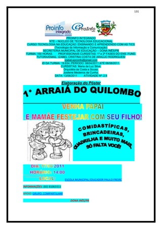 131




                              PROINFO INTEGRADO
                 NTE – NÚCLEO DE TECNOLOGIA EDUCACIONAL
  CURSO TECNOLOGIA NA EDUCAÇÃO: ENSINANDO E APRENDENDO COM AS TICS
                    (Tecnologia da Informação e Comunicação)
             SECRETERIA MUNICIPAL DE EDUCAÇÃO – DONA INÊS/PB
 TURMA: 100 HORAS.     PROFISSIONAIS CURSISTAS: 1ª e 2ª FASES DO ENS. FUND.
       TUTORA/EMAIL: IZABEL CRISTINA COSTA DE ARAÚJO RODRIGUES/
                            izabel.eproinfo@gmail.com
            ID DA TURMA: 19.834. PERÍODO: 08/04/2011 ATÉ 08/08/2011.
                         CURSISTAS: Maria da Luz Silva.
                           Orquidéia da Costa e Sousa.
                           Josilene Medeiros da Cunha.
                     DATA: 13/06/2011       ATIVIDADE Nº: 2.9

                             Elaboração do Pôster




                              ESCOLA MUNICIPAL EDUCADOR PAULO FREIRE

INFORMAÇÕES: (83) 81063311

APOIO: GRUPO: COMPARTILHAR

                                 DONA INÊS/PB
 