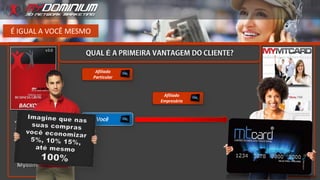 É IGUAL A VOCÊ MESMO
Você
Afiliado
Particular
Afiliado
Empresário
BACKOFFICE
AREA
ADMINISTRATIVA
Volume de negocio do mês B.V
Conta corrente
do Afiliado
Mydominium
E
 