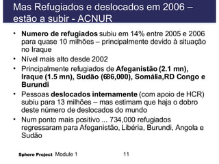 Mas Refugiados e deslocados em 2006 – estão a subir - ACNUR Numero de refugiados  subiu em 14% entre 2005 e 2006 para quase 10 milhões – principalmente devido à situação no Iraque Nível mais alto desde 2002 Principalmente refugiados de  Afeganistão (2.1 mn), Iraque (1.5 mn), Sudão (686,000), Somália,RD Congo e Burundi Pessoas  deslocados internamente  (com apoio de HCR) subiu para 13 milhões – mas estimam que haja o dobro deste número de deslocados do mundo Num ponto mais positivo ... 734,000 refugiados regressaram para Afeganistão, Libéria, Burundi, Angola e Sudão  