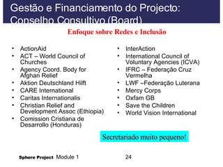 Gestão e Financiamento do Projecto: Conselho Consultivo (Board) ActionAid ACT – World Council of Churches Agency Coord. Body for Afghan Relief Aktion Deutschland Hilft CARE International Caritas Internationalis Christian Relief and Development Assoc (Ethiopia) Comission Cristiana de Desarrollo (Honduras) InterAction International Council of Voluntary Agencies (ICVA) IFRC – Federação Cruz Vermelha LWF –Federação Luterana Mercy Corps Oxfam GB Save the Children World Vision International Enfoque sobre Redes e Inclusão   Secretariado muito pequeno! 