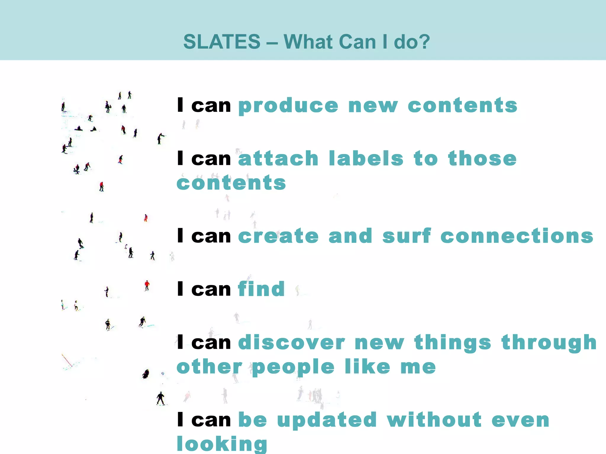 SLATES – What Can I do? I can  produce new contents I can  attach labels to those contents I can  create and surf connections I can  find I can  discover new things through other people like me I can  be updated without even looking 