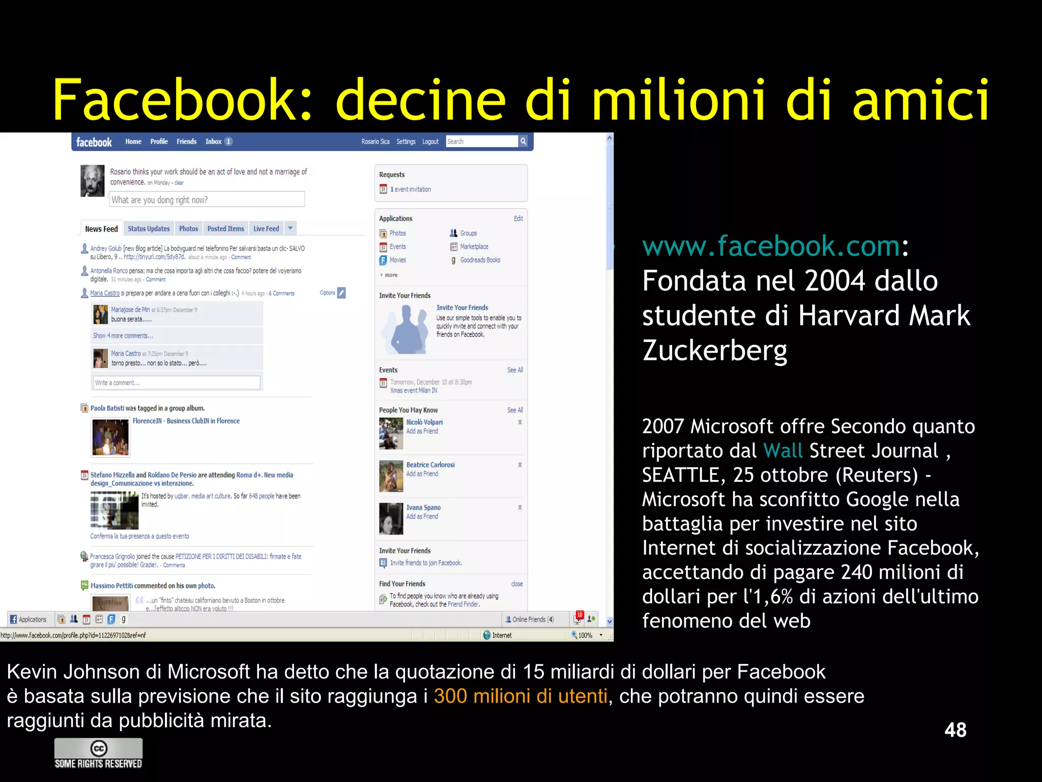 Facebook: decine di milioni di amici www.facebook.com : Fondata nel 2004 dallo studente di Harvard Mark Zuckerberg 2007 Microsoft offre Secondo quanto riportato dal  Wall  Street Journal  , SEATTLE, 25 ottobre (Reuters) - Microsoft ha sconfitto Google nella battaglia per investire nel sito Internet di socializzazione Facebook, accettando di pagare 240 milioni di dollari per l'1,6% di azioni dell'ultimo fenomeno del web  Kevin Johnson di Microsoft ha detto che la quotazione di 15 miliardi di dollari per Facebook  è basata sulla previsione che il sito raggiunga i  300 milioni di utenti , che potranno quindi essere  raggiunti da pubblicità mirata.  