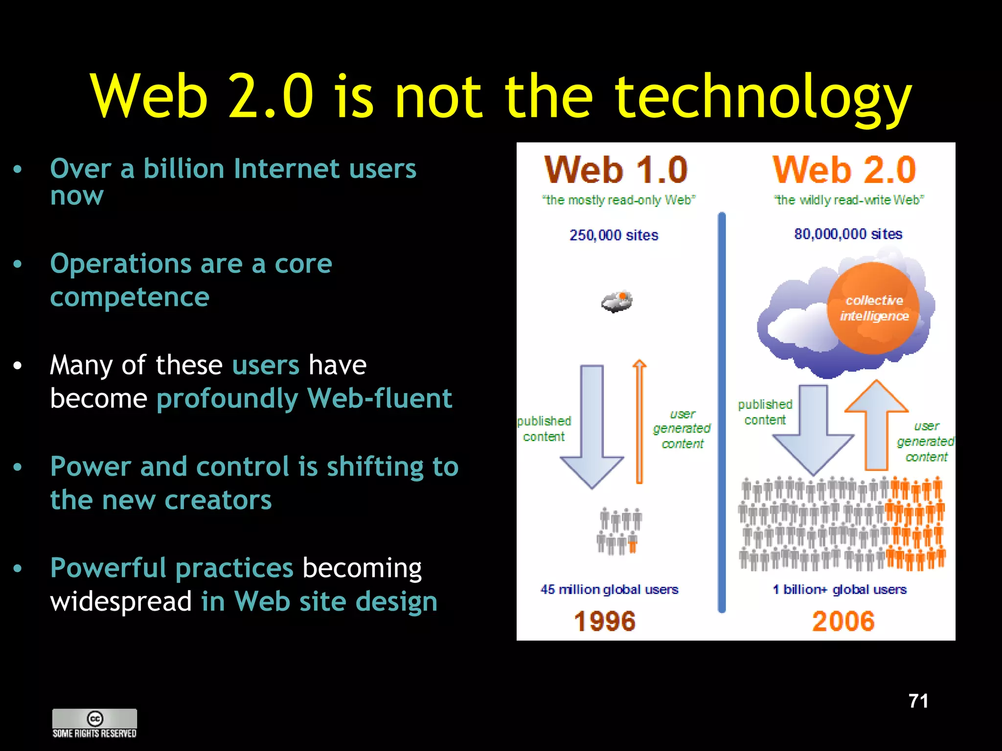 Web 2.0 is not the technology Over a billion Internet users now   Operations are a core competence Many of these   users   have become   profoundly Web-fluent Power and control is shifting to the new creators    Powerful practices   becoming widespread   in Web site design 
