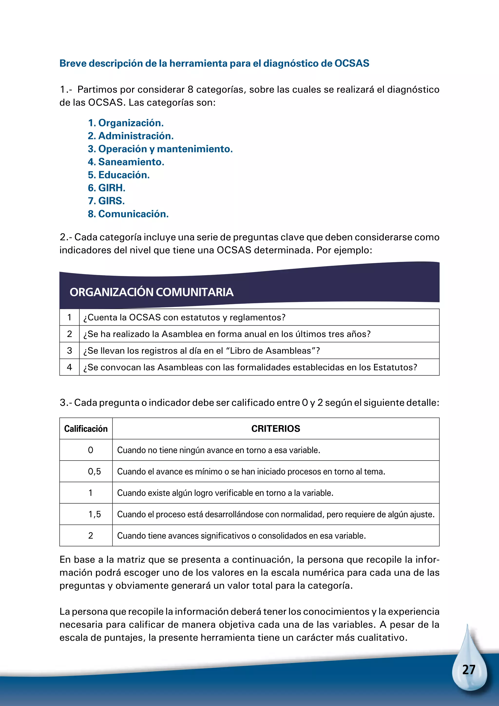 27
Breve descripción de la herramienta para el diagnóstico de ocsas
1.- Partimos por considerar 8 categorías, sobre las cuales se realizará el diagnóstico
de las OCSAS. Las categorías son:
1. Organización.
2. Administración.
3. Operación y mantenimiento.
4. Saneamiento.
5. Educación.
6. Girh.
7. Girs.
8. Comunicación.
2.- Cada categoría incluye una serie de preguntas clave que deben considerarse como
indicadores del nivel que tiene una OCSAS determinada. Por ejemplo:
1 ¿Cuenta la OCSAS con estatutos y reglamentos?
2 ¿Se ha realizado la Asamblea en forma anual en los últimos tres años?
3 ¿Se llevan los registros al día en el “Libro de Asambleas”?
4 ¿Se convocan las Asambleas con las formalidades establecidas en los Estatutos?
3.- Cada pregunta o indicador debe ser calificado entre 0 y 2 según el siguiente detalle:
Calificación CRITERIOS
0 Cuando no tiene ningún avance en torno a esa variable.
0,5 Cuando el avance es mínimo o se han iniciado procesos en torno al tema.
1 Cuando existe algún logro verificable en torno a la variable.
1,5 Cuando el proceso está desarrollándose con normalidad, pero requiere de algún ajuste.
2 Cuando tiene avances significativos o consolidados en esa variable.
En base a la matriz que se presenta a continuación, la persona que recopile la infor-
mación podrá escoger uno de los valores en la escala numérica para cada una de las
preguntas y obviamente generará un valor total para la categoría.
La persona que recopile la información deberá tener los conocimientos y la experiencia
necesaria para calificar de manera objetiva cada una de las variables. A pesar de la
escala de puntajes, la presente herramienta tiene un carácter más cualitativo.
organización comunitaria
 