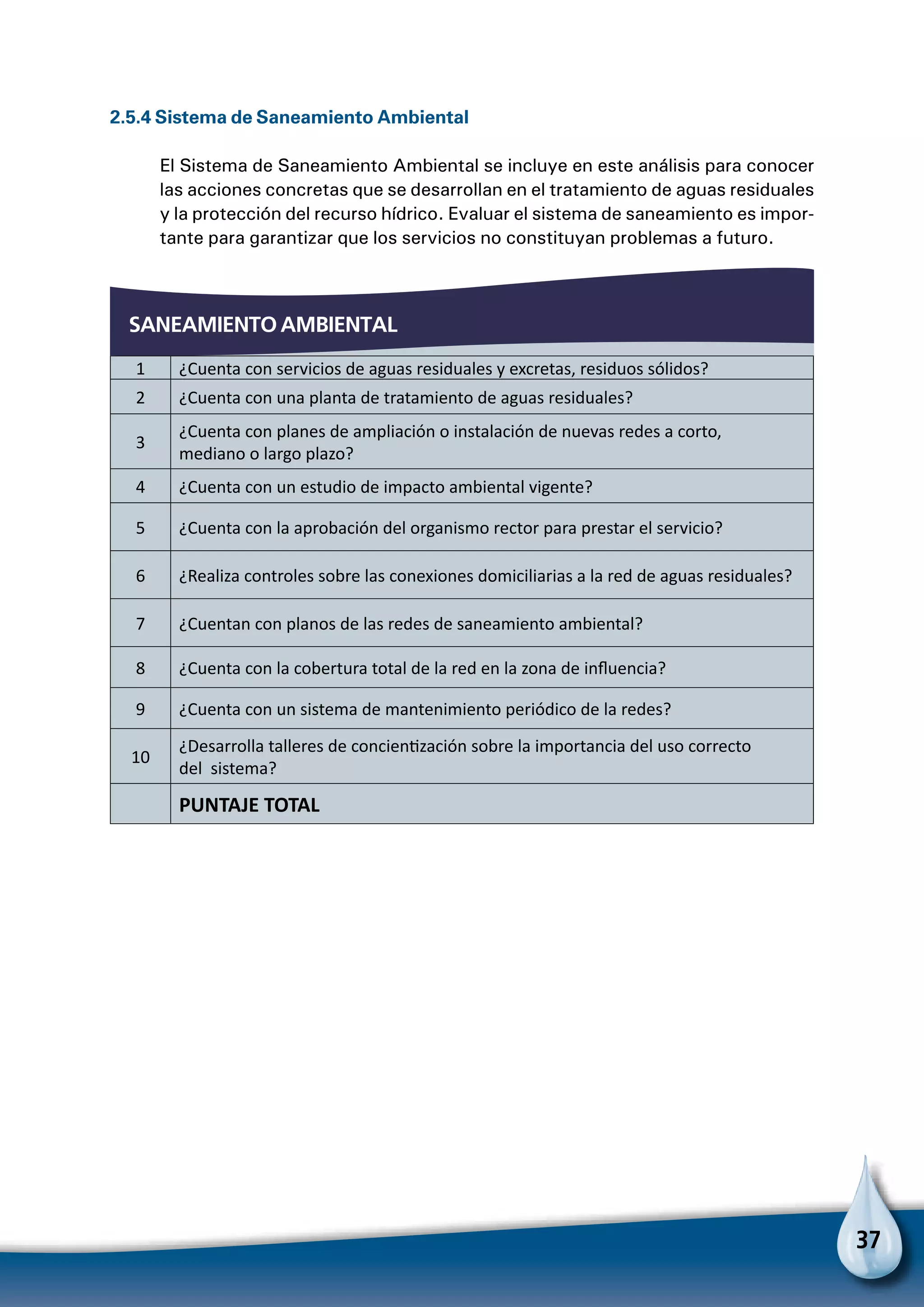 37
2.5.4 Sistema de Saneamiento Ambiental
El Sistema de Saneamiento Ambiental se incluye en este análisis para conocer
las acciones concretas que se desarrollan en el tratamiento de aguas residuales
y la protección del recurso hídrico. Evaluar el sistema de saneamiento es impor-
tante para garantizar que los servicios no constituyan problemas a futuro.
SANEAMIENTO AMBIENTAL
1 ¿Cuenta con servicios de aguas residuales y excretas, residuos sólidos?
2 ¿Cuenta con una planta de tratamiento de aguas residuales?
3
¿Cuenta con planes de ampliación o instalación de nuevas redes a corto,
mediano o largo plazo?
4 ¿Cuenta con un estudio de impacto ambiental vigente?
5 ¿Cuenta con la aprobación del organismo rector para prestar el servicio?
6 ¿Realiza controles sobre las conexiones domiciliarias a la red de aguas residuales?
7 ¿Cuentan con planos de las redes de saneamiento ambiental?
8 ¿Cuenta con la cobertura total de la red en la zona de influencia?
9 ¿Cuenta con un sistema de mantenimiento periódico de la redes?
10
¿Desarrolla talleres de concientización sobre la importancia del uso correcto
del sistema?
  PUNTAJE TOTAL
 