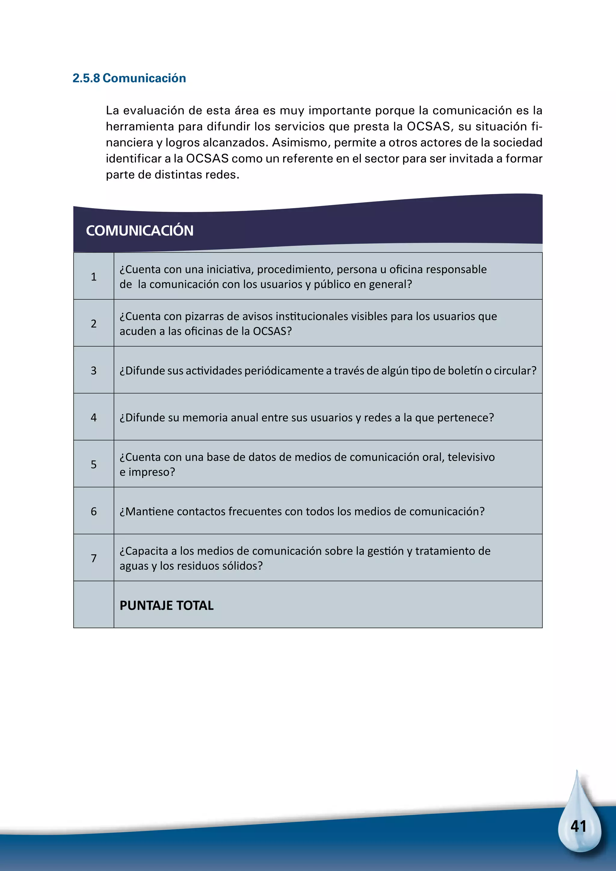 41
2.5.8 Comunicación
La evaluación de esta área es muy importante porque la comunicación es la
herramienta para difundir los servicios que presta la OCSAS, su situación fi-
nanciera y logros alcanzados. Asimismo, permite a otros actores de la sociedad
identificar a la OCSAS como un referente en el sector para ser invitada a formar
parte de distintas redes.
comunicación
1
¿Cuenta con una iniciativa, procedimiento, persona u oficina responsable
de la comunicación con los usuarios y público en general?
2
¿Cuenta con pizarras de avisos institucionales visibles para los usuarios que
acuden a las oficinas de la OCSAS?
3 ¿Difunde sus actividades periódicamente a través de algún tipo de boletín o circular?
4 ¿Difunde su memoria anual entre sus usuarios y redes a la que pertenece?
5
¿Cuenta con una base de datos de medios de comunicación oral, televisivo
e impreso?
6 ¿Mantiene contactos frecuentes con todos los medios de comunicación?
7
¿Capacita a los medios de comunicación sobre la gestión y tratamiento de
aguas y los residuos sólidos?
  PUNTAJE TOTAL
 