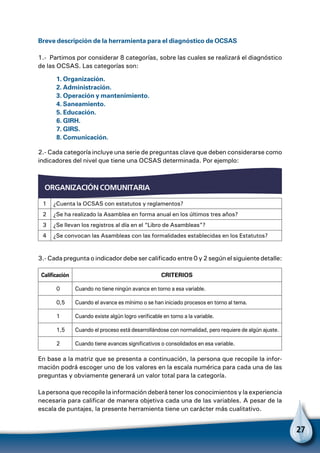 27
Breve descripción de la herramienta para el diagnóstico de ocsas
1.- Partimos por considerar 8 categorías, sobre las cuales se realizará el diagnóstico
de las OCSAS. Las categorías son:
1. Organización.
2. Administración.
3. Operación y mantenimiento.
4. Saneamiento.
5. Educación.
6. Girh.
7. Girs.
8. Comunicación.
2.- Cada categoría incluye una serie de preguntas clave que deben considerarse como
indicadores del nivel que tiene una OCSAS determinada. Por ejemplo:
1 ¿Cuenta la OCSAS con estatutos y reglamentos?
2 ¿Se ha realizado la Asamblea en forma anual en los últimos tres años?
3 ¿Se llevan los registros al día en el “Libro de Asambleas”?
4 ¿Se convocan las Asambleas con las formalidades establecidas en los Estatutos?
3.- Cada pregunta o indicador debe ser calificado entre 0 y 2 según el siguiente detalle:
Calificación CRITERIOS
0 Cuando no tiene ningún avance en torno a esa variable.
0,5 Cuando el avance es mínimo o se han iniciado procesos en torno al tema.
1 Cuando existe algún logro verificable en torno a la variable.
1,5 Cuando el proceso está desarrollándose con normalidad, pero requiere de algún ajuste.
2 Cuando tiene avances significativos o consolidados en esa variable.
En base a la matriz que se presenta a continuación, la persona que recopile la infor-
mación podrá escoger uno de los valores en la escala numérica para cada una de las
preguntas y obviamente generará un valor total para la categoría.
La persona que recopile la información deberá tener los conocimientos y la experiencia
necesaria para calificar de manera objetiva cada una de las variables. A pesar de la
escala de puntajes, la presente herramienta tiene un carácter más cualitativo.
organización comunitaria
 