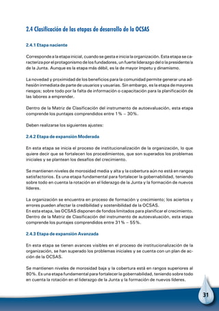 31
2.4 Clasificación de las etapas de desarrollo de la OCSAS
2.4.1 Etapa naciente
Correspondealaetapainicial,cuandosegestaeinicialaorganización.Estaetapaseca-
racterizaporelprotagonismodelosfundadores,unfuerteliderazgodelolapresidente/a
de la Junta. Aunque es la etapa más débil, es la de mayor ímpetu y dinamismo.
La novedad y proximidad de los beneficios para la comunidad permite generar una ad-
hesión inmediata de parte de usuarios y usuarias. Sin embargo, es la etapa de mayores
riesgos; sobre todo por la falta de información o capacitación para la planificación de
las labores a emprender.
Dentro de la Matriz de Clasificación del instrumento de autoevaluación, esta etapa
comprende los puntajes comprendidos entre 1% – 30%.
Deben realizarse los siguientes ajustes:
2.4.2 Etapa de expansión Moderada
En esta etapa se inicia el proceso de institucionalización de la organización, lo que
quiere decir que se fortalecen los procedimientos, que son superados los problemas
iniciales y se plantean los desafíos del crecimiento.
Se mantienen niveles de morosidad media y alta y la cobertura aún no está en rangos
satisfactorios. Es una etapa fundamental para fortalecer la gobernabilidad, teniendo
sobre todo en cuenta la rotación en el liderazgo de la Junta y la formación de nuevos
líderes.
La organización se encuentra en proceso de formación y crecimiento; los aciertos y
errores pueden afectar la credibilidad y sostenibilidad de la OCSAS.
En esta etapa, las OCSAS disponen de fondos limitados para planificar el crecimiento.
Dentro de la Matriz de Clasificación del instrumento de autoevaluación, esta etapa
comprende los puntajes comprendidos entre 31% – 55%.
2.4.3 Etapa de expansión Avanzada
En esta etapa se tienen avances visibles en el proceso de institucionalización de la
organización, se han superado los problemas iniciales y se cuenta con un plan de ac-
ción de la OCSAS.
Se mantienen niveles de morosidad baja y la cobertura está en rangos superiores al
80%. Es una etapa fundamental para fortalecer la gobernabilidad, teniendo sobre todo
en cuenta la rotación en el liderazgo de la Junta y la formación de nuevos líderes.
 