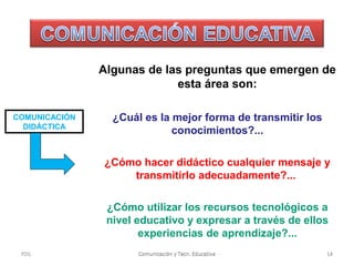 Algunas de las preguntas que emergen de
esta área son:
COMUNICACIÓN
DIDÁCTICA

¿Cuál es la mejor forma de transmitir los
conocimientos?...
¿Cómo hacer didáctico cualquier mensaje y
transmitirlo adecuadamente?...
¿Cómo utilizar los recursos tecnológicos a
nivel educativo y expresar a través de ellos
experiencias de aprendizaje?...

PDS

Comunicación y Tecn. Educativa

14

 