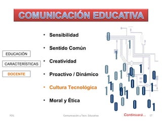 • Sensibilidad
• Sentido Común
EDUCACIÓN
CARACTERÍSTICAS
DOCENTE

• Creatividad
• Proactivo / Dinámico
• Cultura Tecnológica
• Moral y Ética

PDS

Comunicación y Tecn. Educativa

17

 