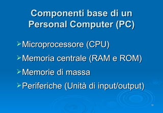 Componenti base di un Personal Computer (PC) Microprocessore (CPU) Memoria centrale (RAM e ROM) Memorie di massa Periferiche (Unità di input/output) 