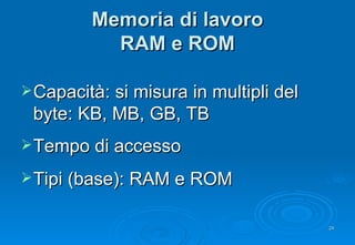 Memoria di lavoro RAM e ROM Capacità: si misura in multipli del byte: KB, MB, GB, TB Tempo di accesso Tipi (base): RAM e ROM 