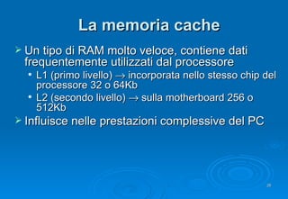 La memoria cache Un tipo di RAM molto veloce, contiene dati frequentemente utilizzati dal processore L1 (primo livello)    incorporata nello stesso chip del processore 32 o 64Kb L2 (secondo livello)    sulla motherboard 256 o 512Kb Influisce nelle prestazioni complessive del PC 