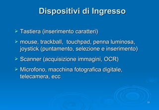 Dispositivi di Ingresso Tastiera (inserimento caratteri) mouse, trackball,  touchpad, penna luminosa, joystick (puntamento, selezione e inserimento) Scanner (acquisizione immagini, OCR) Microfono, macchina fotografica digitale, telecamera, ecc 