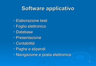 Software applicativo Elaborazione testi Foglio elettronico Database Presentazione Contabilità Paghe e stipendi Navigazione e posta elettronica 