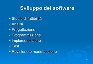 Sviluppo del software Studio di fattibilità Analisi Progettazione Programmazione Implementazione Test Revisione e manutenzione 
