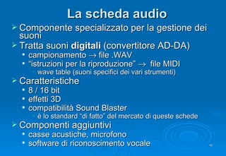 La scheda audio <ul><li>Componente specializzato per la gestione dei suoni  </li></ul><ul><li>Tratta suoni  digitali  (con...