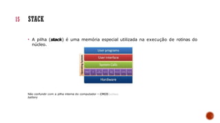 • A pilha (stack) é uma memória especial utilizada na execução de rotinas do
núcleo.
Não confundir com a pilha interna do computador – CMOS
battery
15 STACK
 