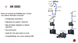 Reúne um conjunto de facilidades que o tornam
num sistema informático avançado:
• Configuração automática
• Segurança por grupos e objectos
• Base de dados integrada no sistema
operativo
• Documentação
• Ajuda On-Line para todos os ecrãs
• Compatibilidade com outros sistemas IBM
67 IBM ISERIES
 