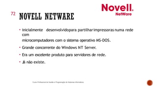 NOVELL NETWARE
• inicialmente desenvolvidopara partilharimpressoras numa rede
com
microcomputadores com o sistema operativo MS-DOS.
• Grande concorrente do Windows NT Server.
• Era um excelente produto para servidores de rede.
• Já não existe.
Curso Profissional de Gestão e Programação de Sistemas Informáticos
72
 