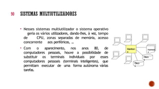 • Nesses sistemas multiutilizador o sistema operativo
geria os vários utilizadores, dando-lhes, à vez, tempo
de CPU, zonas separadas de memória, acesso
concorrente aos periféricos, ...
• Com o aparecimento, nos anos 80, de
computadores pessoais, houve a possibilidade de
substituir os terminais individuais por esses
computadores pessoais (terminais inteligentes), que
permitiam executar de uma forma autónoma várias
tarefas.
90 SISTEMAS MULTIUTILIZADORES
Mainfram
e
Impressor
a
Disco
s
Disco
s
 