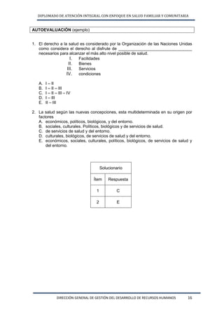 DIPLOMADO DE ATENCIÓN INTEGRAL CON ENFOQUE EN SALUD FAMILIAR Y COMUNITARIA 
DIRECCIÓN GENERAL DE GESTIÓN DEL DESARROLLO DE RECURSOS HUMANOS 16 
AUTOEVALUACIÓN (ejemplo) 
1. El derecho a la salud es considerado por la Organización de las Naciones Unidas como considera el derecho al disfrute de ________________________________ necesarios para alcanzar el más alto nivel posible de salud. 
I. Facilidades 
II. Bienes 
III. Servicios 
IV. condiciones 
A. I – II 
B. I – II – III 
C. I – II – III – IV 
D. I – III 
E. II – III 
2. La salud según las nuevas concepciones, esta multideterminada en su origen por factores 
A. económicos, políticos, biológicos, y del entorno. 
B. sociales, culturales. Políticos, biológicos y de servicios de salud. 
C. de servicios de salud y del entorno. 
D. culturales, biológicos, de servicios de salud y del entorno. 
E. económicos, sociales, culturales, políticos, biológicos, de servicios de salud y del entorno. 
Solucionario 
Ítem 
Respuesta 
1 
C 
2 
E 
