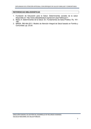 DIPLOMADO DE ATENCIÓN INTEGRAL CON ENFOQUE EN SALUD FAMILIAR Y COMUNITARIA
DIRECCIÓN GENERAL DE GESTIÓN DEL DESARROLLO DE RECURSOS HUMANOS
ESCUELA NACIONAL DE SALUD PÚBLICA
7
REFERENCIAS BIBLIOGRÁFICAS
1. Fundación de Educación para la Salud. Determinantes sociales de la salud.
Disponible en: http://www.atlasdelasalud.org/seccion.aspx?idbloque=1
2. Moiso A: Determinantes de la Salud. En: Fundamentos de Salud Pública. Pp. 161-
189.
3. MINSA. RM 464-2011: Modelo de Atención Integral de Salud basado en Familia y
Comunidad. pp. 23-24.
 