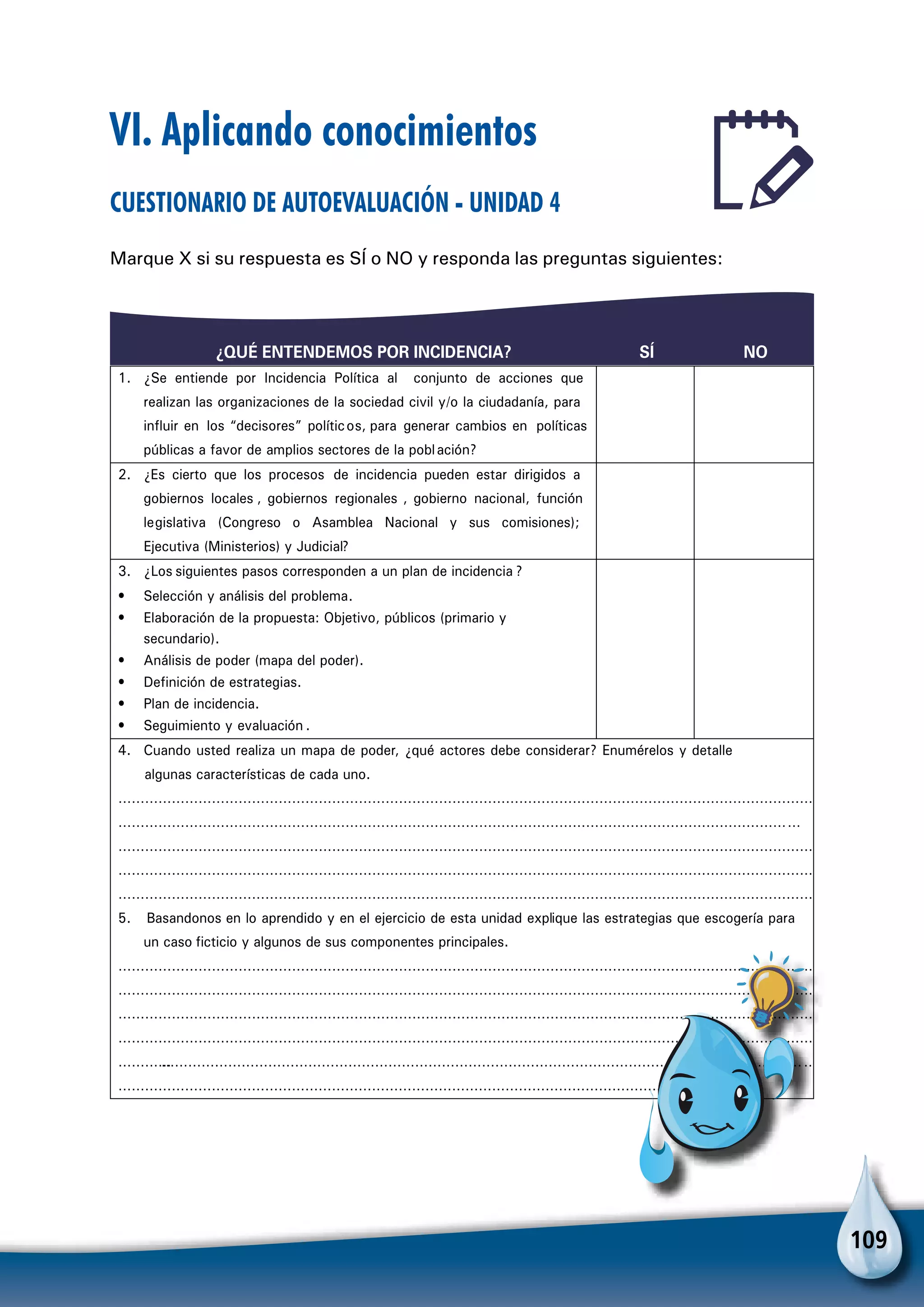 109
VI. Aplicando conocimientos
Cuestionario de autoevaluación - Unidad 4
Marque X si su respuesta es SÍ o NO y responda las preguntas siguientes:
¿QUÉ ENTENDEMOS POR INCIDENCIA? SÍ NO
1. ¿Se entiende por Incidencia Política al conjunto de acciones que
realizan las organizaciones de la sociedad civil y/o la ciudadanía, para
influir en los “decisores” políticos, para generar cambios en políticas
públicas a favor de amplios sectores de la población?
2. ¿Es cierto que los procesos de incidencia pueden estar dirigidos a
gobiernos locales , gobiernos regionales , gobierno nacional, función
legislativa (Congreso o Asamblea Nacional y sus comisiones);
Ejecutiva (Ministerios) y Judicial?
3. ¿Los siguientes pasos corresponden a un plan de incidencia ?
• Selección y análisis del problema.
• Elaboración de la propuesta: Objetivo, públicos (primario y
secundario).
• Análisis de poder (mapa del poder).
• Definición de estrategias.
• Plan de incidencia.
• Seguimiento y evaluación .
4. Cuando usted realiza un mapa de poder, ¿qué actores debe considerar? Enumérelos y detalle
algunas características de cada uno.
…………………………………………………………………………………………………………………………………………
………………………………………………………………………………………………………………………………………
…………………………………………………………………………………………………………………………………………
…………………………………………………………………………………………………………………………………………
…………………………………………………………………………………………………………………………………………
5. Basandonos en lo aprendido y en el ejercicio de esta unidad explique las estrategias que escogería para
un caso ficticio y algunos de sus componentes principales.
…………………………………………………………………………………………………………………………………………
…………………………………………………………………………………………………………………………………………
…………………………………………………………………………………………………………………………………………
…………………………………………………………………………………………………………………………………………
……………………………………………………………………………………………………………………………………………
…………………………………………………………………………………………………………………………
Para no olvidar
 