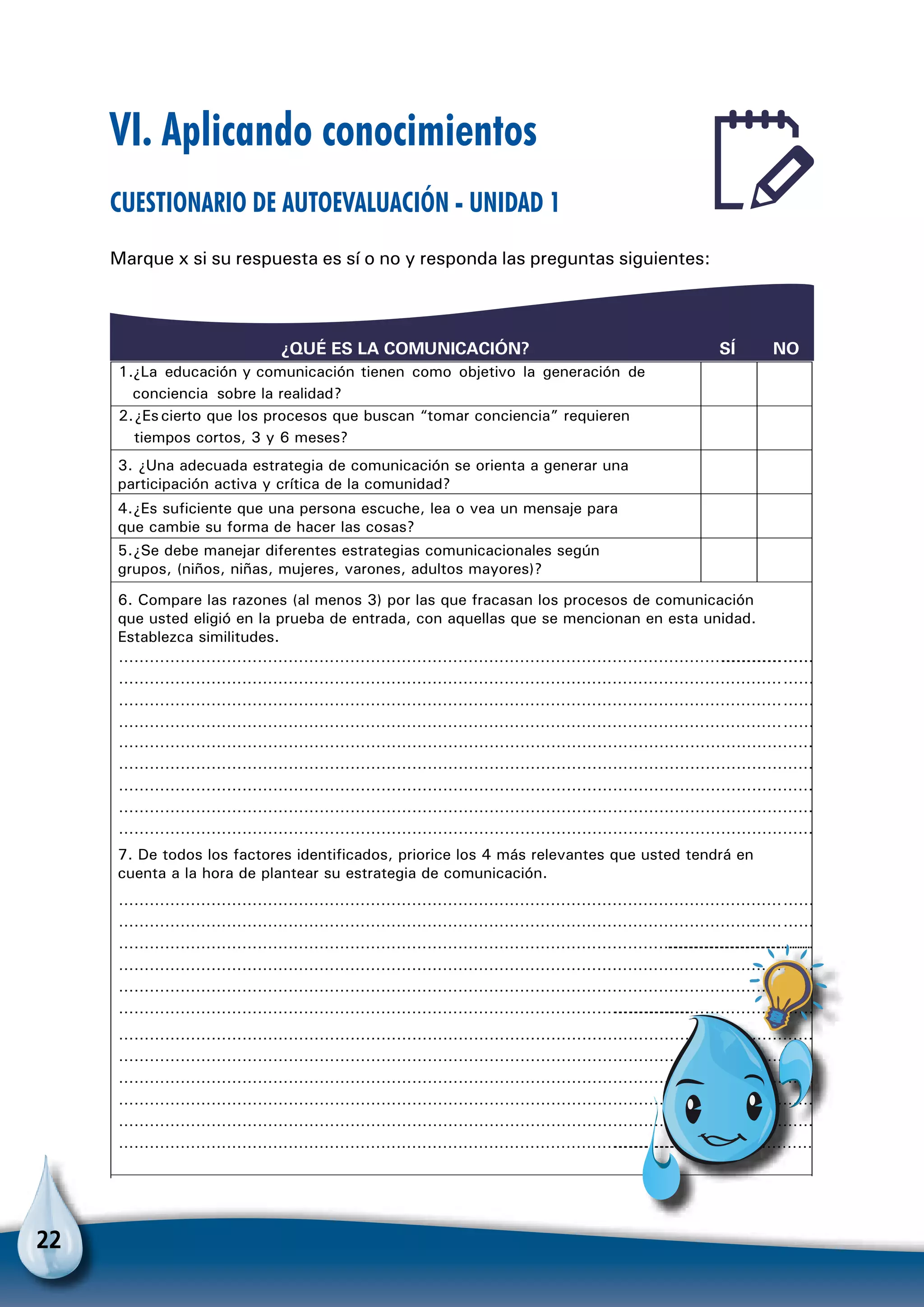 22
VI. Aplicando conocimientos
Cuestionario de autoevaluación - Unidad 1
Marque x si su respuesta es sí o no y responda las preguntas siguientes:
¿QUÉ ES LA COMUNICACIÓN? SÍ NO
1.¿La educación y comunicación tienen como objetivo la generación de
conciencia sobre la realidad?
2.¿Escierto que los procesos que buscan “tomar conciencia” requieren
tiempos cortos, 3 y 6 meses?
………………………………………………………………………………………………………………………………………
………………………………………………………………………………………………………………………
………………………………………………………………………………………………………………………
………………………………………………………………………………………………………………………
………………………………………………………………………………………………………………………
………………………………………………………………………………………………………………………
…………………………………………………………………………………………………………………………………………………
………………………………………………………………………………………………………………………
………………………………………………………………………………………………………………………
……………………………………………………………………………………………………………………………………
……………………………………………………………………………………………………………………………………………
……………………………………………………………………………………………………………………………………………
………………………………………………………………………………………………………………………………………
……………………………………………………………………………………………………………………………………………
……………………………………………………………………………………………………………………………………………
………………………………………………………………………………………………………………………………………
……………………………………………………………………………………………………………………………………………
……………………………………………………………………………………………………………………………………………
………………………………………………………………………………………………………………………………………
……………………………………………………………………………………………………………………………………………
……………………………………………………………………………………………………………………………………………
3. ¿Una adecuada estrategia de comunicación se orienta a generar una
participación activa y crítica de la comunidad?
4.¿Es suficiente que una persona escuche, lea o vea un mensaje para
que cambie su forma de hacer las cosas?
5.¿Se debe manejar diferentes estrategias comunicacionales según
grupos, (niños, niñas, mujeres, varones, adultos mayores)?
6. Compare las razones (al menos 3) por las que fracasan los procesos de comunicación
que usted eligió en la prueba de entrada, con aquellas que se mencionan en esta unidad.
Establezca similitudes.
7. De todos los factores identificados, priorice los 4 más relevantes que usted tendrá en
cuenta a la hora de plantear su estrategia de comunicación.
Para no olvidar
 