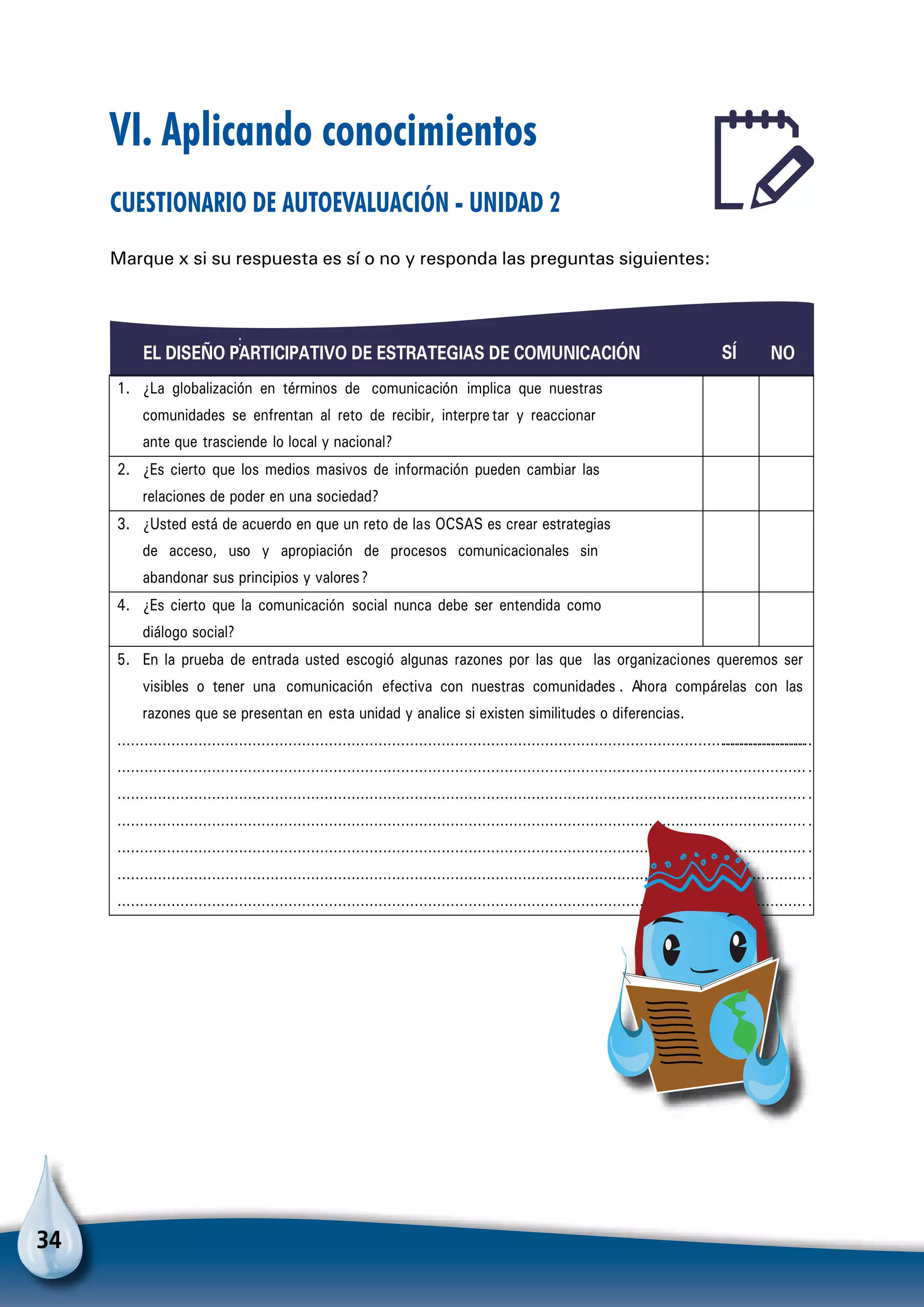 34
VI. Aplicando conocimientos
Cuestionario de autoevaluación - Unidad 2
Marque x si su respuesta es sí o no y responda las preguntas siguientes:
:
EL DISEÑO PARTICIPATIVO DE ESTRATEGIAS DE COMUNICACIÓN SÍ NO
1. ¿La globalización en términos de comunicación implica que nuestras
comunidades se enfrentan al reto de recibir, interpre tar y reaccionar
ante que trasciende lo local y nacional?
2. ¿Es cierto que los medios masivos de información pueden cambiar las
relaciones de poder en una sociedad?
3. ¿Usted está de acuerdo en que un reto de las OCSAS es crear estrategias
de acceso, uso y apropiación de procesos comunicacionales sin
abandonar sus principios y valores?
4. ¿Es cierto que la comunicación social nunca debe ser entendida como
diálogo social?
5. En la prueba de entrada usted escogió algunas razones por las que las organizaciones queremos ser
visibles o tener una comunicación efectiva con nuestras comunidades . Ahora compárelas con las
razones que se presentan en esta unidad y analice si existen similitudes o diferencias.
……………………………………………………………………………………………………………………………………………………………
…………………………………………………………………………………………………………………………………………
…………………………………………………………………………………………………………………………………………
…………………………………………………………………………………………………………………………………………
…………………………………………………………………………………………………………………………………………………
…………………………………………………………………………………………………………………………………………
…………………………………………………………………………………………………………………………………………
 