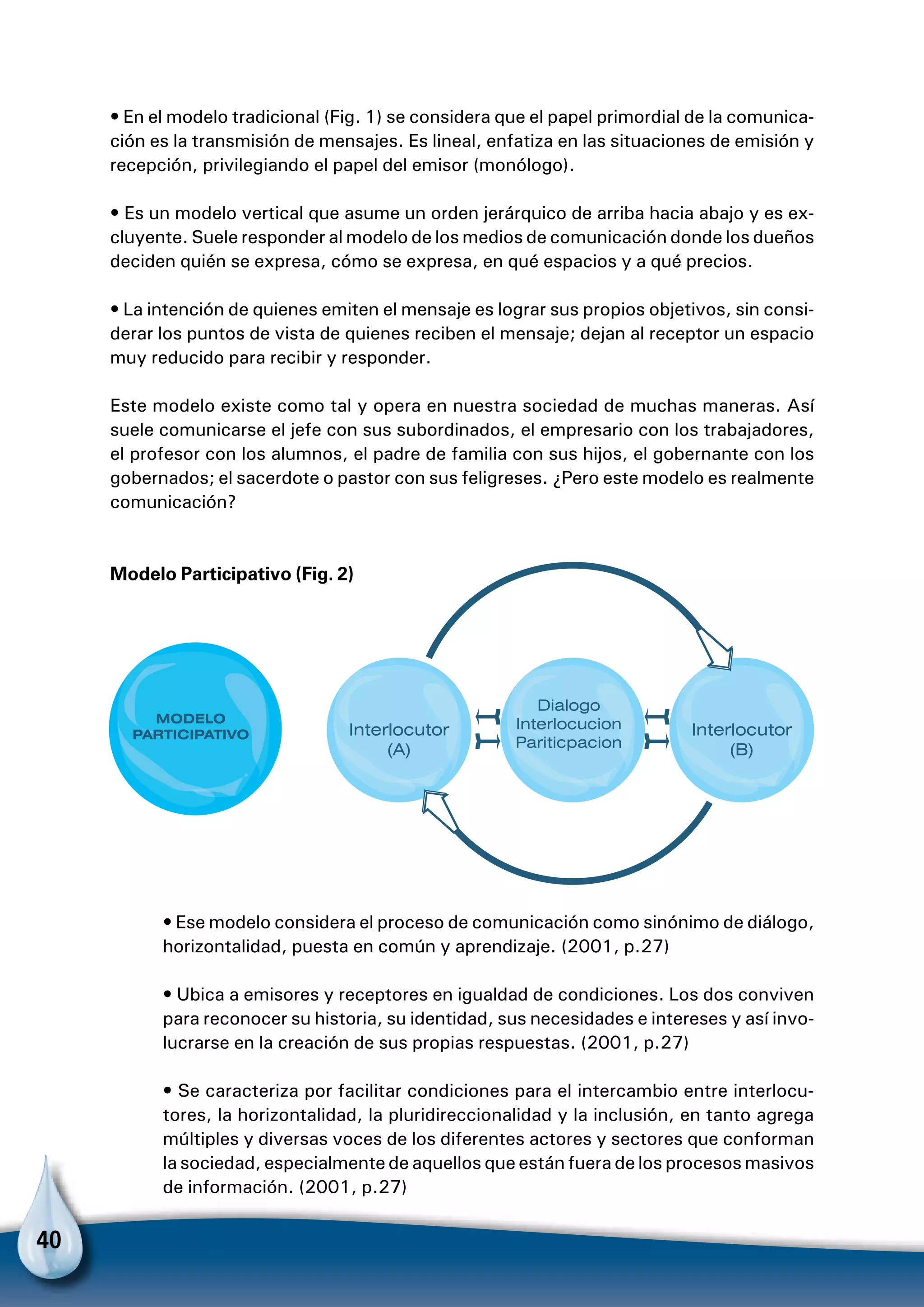 40
• En el modelo tradicional (Fig. 1) se considera que el papel primordial de la comunica-
ción es la transmisión de mensajes. Es lineal, enfatiza en las situaciones de emisión y
recepción, privilegiando el papel del emisor (monólogo).
• Es un modelo vertical que asume un orden jerárquico de arriba hacia abajo y es ex-
cluyente. Suele responder al modelo de los medios de comunicación donde los dueños
deciden quién se expresa, cómo se expresa, en qué espacios y a qué precios.
• La intención de quienes emiten el mensaje es lograr sus propios objetivos, sin consi-
derar los puntos de vista de quienes reciben el mensaje; dejan al receptor un espacio
muy reducido para recibir y responder.
Este modelo existe como tal y opera en nuestra sociedad de muchas maneras. Así
suele comunicarse el jefe con sus subordinados, el empresario con los trabajadores,
el profesor con los alumnos, el padre de familia con sus hijos, el gobernante con los
gobernados; el sacerdote o pastor con sus feligreses. ¿Pero este modelo es realmente
comunicación?
Modelo Participativo (Fig. 2)
Interlocutor
(A)
Dialogo
Interlocucion
Pariticpacion
MODELO
PARTICIPATIVO Interlocutor
(B)
• Ese modelo considera el proceso de comunicación como sinónimo de diálogo,
horizontalidad, puesta en común y aprendizaje. (2001, p.27)
• Ubica a emisores y receptores en igualdad de condiciones. Los dos conviven
para reconocer su historia, su identidad, sus necesidades e intereses y así invo-
lucrarse en la creación de sus propias respuestas. (2001, p.27)
• Se caracteriza por facilitar condiciones para el intercambio entre interlocu-
tores, la horizontalidad, la pluridireccionalidad y la inclusión, en tanto agrega
múltiples y diversas voces de los diferentes actores y sectores que conforman
la sociedad, especialmente de aquellos que están fuera de los procesos masivos
de información. (2001, p.27)
 