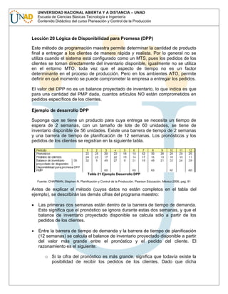 UNIVERSIDAD NACIONAL ABIERTA Y A DISTANCIA – UNAD
Escuela de Ciencias Básicas Tecnología e Ingeniería
Contenido Didáctico del curso Planeación y Control de la Producción

Lección 20 Lógica de Disponibilidad para Promesa (DPP)
Este método de programación maestra permite determinar la cantidad de producto
final a entregar a los clientes de manera rápida y realista. Por lo general no se
utiliza cuando el sistema está configurado como un MTS, pues los pedidos de los
clientes se toman directamente del inventario disponible, igualmente no se utiliza
en el entorno MTO, toda vez que el aspecto de tiempo no es un factor
determinante en el proceso de producción. Pero en los ambientes ATO, permite
definir en qué momento se puede comprometer la empresa a entregar los pedidos.
El valor del DPP no es un balance proyectado de inventario, lo que indica es que
para una cantidad del PMP dada, cuantos artículos NO están comprometidos en
pedidos específicos de los clientes.
Ejemplo de desarrollo DPP
Suponga que se tiene un producto para cuya entrega se necesita un tiempo de
espera de 2 semanas, con un tamaño de lote de 60 unidades, se tiene de
inventario disponible de 56 unidades. Existe una barrera de tiempo de 2 semanas
y una barrera de tiempo de planificación de 12 semanas. Los pronósticos y los
pedidos de los clientes se registran en la siguiente tabla.

Tabla 21 Ejemplo Desarrollo DPP
Fuente: CHAPMAN, Stephen N. Planificación y Control de la Producción. Pearson Educación. México 2006, pag. 81

Antes de explicar el método (cuyos datos no están completos en el tabla del
ejemplo), se describirán las demás cifras del programa maestro:
Las primeras dos semanas están dentro de la barrera de tiempo de demanda.
Esto significa que el pronóstico se ignora durante estas dos semanas, y que el
balance de inventario proyectado disponible se calcula sólo a partir de los
pedidos de los clientes.
Entre la barrera de tiempo de demanda y la barrera de tiempo de planificación
(12 semanas) se calcula el balance de inventario proyectado disponible a partir
del valor más grande entre el pronóstico y el pedido del cliente. El
razonamiento es el siguiente:
o Si la cifra del pronóstico es más grande, significa que todavía existe la
posibilidad de recibir los pedidos de los clientes. Dado que dicha

 