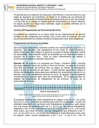 UNIVERSIDAD NACIONAL ABIERTA Y A DISTANCIA – UNAD
Escuela de Ciencias Básicas Tecnología e Ingeniería
Contenido Didáctico del curso Planeación y Control de la Producción

En general para los sistemas de producción intermitentes, lo que se busca es usar
reglas de despacho con prioridades, en donde en la medida que una estación de
trabajo queda disponible inmediatamente irla programando tan pronto sea posible,
y si hay más de un trabajo en espera para ser programado a la misma máquina,
se asigna aquella que tenga mayor prioridad, según la política definidas por el
administrador del sistema.
Lección 45 Programación de Personal de Servicios
El problema de programar en la mayor parte de las organizaciones de servicio
consiste en fijar programas por semana, día y horas para el personal. En esta
sección se presentan los métodos analíticos simples para crear estos programas.
Programación de Horarios de trabajo.
Servicios como restaurantes enfrentan cambios de necesidades de una hora a la
siguiente. Se necesitan más trabajadores en los horas de mayor afluencia y
menos entre tanto. Esto obliga a la gerencia a ajustar el tiempo para este cambio
de necesidades. Esta situación puede ser analizada por una regla denominada, el
principio de la primera hora. Para un mejor entendimiento del método a
continuación se detalla un ejemplo relacionado,
Ejemplo 19. De acuerdo a lo propuesto por Chase y Aquilano (2009), suponga
que cada trabajador labora de corrido un turno de 8 horas. La regla de la primera
hora dice que durante esa primera hora, se asigna un número de trabajadores
igual a lo que se necesita en ese lapso. A cada período siguiente se asigna el
número de trabajadores adicionales para satisfacer las necesidades, cuando en un
período, uno o más trabajadores terminan su turno, se agregan más trabajadores
únicamente si se precisan para cubrir las necesidades. En la tabla siguiente se
detallan las necesidades de trabajadores de las primeras 12 horas de un
restaurante de 24 horas.

Necesidades

10
am
4

11
am
6

12
m
8

1
pm
8

2
pm
6

3
pm
4

4
pm
4

5
pm
6

6
pm
8

7
pm
10

8
pm
10

9
pm
6

Tabla 36 Datos Ejemplo 19
Fuente: CHASE, Richard. AQUILANO, Nicholas. (2009) Administración de Operaciones Producción y
Cadena de Suministros. MacGraw-Hill. México. P. 641

El programa muestra que cuatro trabajadores se asignan a las 10 a.m., se suman
dos a la s11 a.m. y otros dos al mediodía para cubrir las necesidades. A partir del
mediodía hasta las 5 p.m., se tienen ocho trabajadores en funciones; pero nótese
que hay exceso de personal entre las 2 y las 6 p.m., los cuatros trabajadores
asignados a las 10 a.m., terminan su turno de 8 horas a las 6 p.m., y se suman
otros cuatro, que inician su turno. Los dos trabajadores que empezaron a las 11
a.m., se van a las 7 p.m., y el número de trabajadores disponibles baja a seis, pero
se asignan cuatro nuevos trabajadores a las 7 p.m. A las 9 p.m., has 10

 
