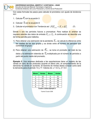 UNIVERSIDAD NACIONAL ABIERTA Y A DISTANCIA – UNAD
Escuela de Ciencias Básicas Tecnología e Ingeniería
Contenido Didáctico del curso Planeación y Control de la Producción

Con estas formulas los pasos para calcular el pronóstico con ajuste de tendencia
son:
1. Calcular Fcon la ecuación 5
t
2. Calcular

T con la ecuación 6
t

3. Calcular el pronóstico con Tendencia así:

FITt

Ft

k

kTt

(7)

Donde k son los períodos futuros a pronosticar. Para realizar lo anterior se
requiere además dos datos de entrada: F1, y T1.. A continuación se describe una
t
t
de forma sencilla para hallarlos.
1) Para obtener una estimación de la pendiente, T 1, se calcula la diferencia entre
t
las medias de los dos grupos y se divide entre el número de períodos que
conforman el grupo.
2) Para obtener una estimación de

F1 ,
t

se toma el promedio del total de los

datos y la estimación obtenida de T 1multiplicada por el número de períodos a
t
partir del punto medio del promedio.
Ejemplo 5: Una empresa dedicada a las exportaciones tiene un registro de las
ventas en (ton) de los productos durante el último año, el comportamiento de la
demanda ha venido en aumento. El Gerente de Ventas desea conocer como será
la demanda para el período 13 y 17. Valores de = 0.4 y = 0.4
Meses

Ventas

Meses

Ventas

1
2
3
4
5
6

12
17
20
19
24
21

7
8
9
10
11
12

31
28
36
37
39
40

Cuadro 3 Datos Ejemplo 5
Fuente: El autor 2006

 