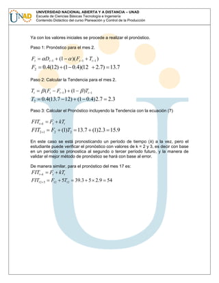 UNIVERSIDAD NACIONAL ABIERTA Y A DISTANCIA – UNAD
Escuela de Ciencias Básicas Tecnología e Ingeniería
Contenido Didáctico del curso Planeación y Control de la Producción

Ya con los valores iniciales se procede a realizar el pronóstico.
Paso 1: Pronóstico para el mes 2.

Ft

F2

Dt

1

(1

)( Ft

Tt 1 )

1

0.4(12) (1 0.4)(12

2.7) 13.7

Paso 2: Calcular la Tendencia para el mes 2.

Tt

T2

( Ft

Ft 1 ) (1

)Tt

1

0.4(13.7 12) (1 0.4)2.7 2.3

Paso 3: Calcular el Pronóstico incluyendo la Tendencia con la ecuación (7)

FITt

FIT2

k

1

Ft

F2

kTt

(1)T2 13.7 (1)2.3 15.9

En este caso se está pronosticando un período de tiempo (k) a la vez, pero el
estudiante puede verificar el pronóstico con valores de k = 2 y 3, es decir con base
en un período se pronostica al segundo o tercer período futuro, y la manera de
validar el mejor método de pronóstico se hará con base al error.
De manera similar, para el pronóstico del mes 17 es:

FITt k Ft kTt
FIT12 5 F12 5T12

39.3 5 2.9 54

 