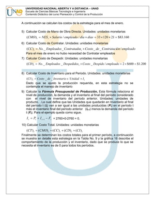 UNIVERSIDAD NACIONAL ABIERTA Y A DISTANCIA – UNAD
Escuela de Ciencias Básicas Tecnología e Ingeniería
Contenido Didáctico del curso Planeación y Control de la Producción

A continuación se calculan los costos de la estrategia para el mes de enero.
5) Calcular Costo de Mano de Obra Directa. Unidades: unidades monetarias

(CMO ) t

NES t

Salario / empleado / día días

33 120 21 $83.160

6) Calcular Costo de Contratar. Unidades: unidades monetarias

(CC ) t

No. _ Empleados _ Contratadost Costo _ de _ Contratación / empleado

Para el mes de enero no hubo necesidad de Contratar empleados
7) Calcular Costo de Despedir. Unidades: unidades monetarias

(CD ) t

No. _ Empleados _ Despedidos t Costo _ Despido / empleado

2 $600

8) Calcular Costo de Inventario para el Periodo. Unidades: unidades monetarias

(CI ) t Costo _ de _ Inventario s / Unidad I t
Dado que se ajusto la producción requerida, en esta estrategia no se
contempla el manejo de inventario
9) Calcular la Fórmula Presupuestal de Producción, Esta fórmula relaciona el
nivel de producción, la demanda y el inventario al final del período considerado
con el nivel de inventario del período anterior. Unidades: unidades de
producto. . La cual define que las Unidades que quedarán en Inventario al final
del período t (It) van a ser igual a las unidades producidas (Pt) en el período t
más el inventario final del período anterior (It-1) menos la demanda del período
t (Ft). Para el ejemplo queda como sigue.

It

Pt

It

1

Ft = 2760+0-2760 = 0.

10) Calcular Costo Total. Unidades: unidades monetarias

(CT ) t

(CMO) t

(CC ) t

(CD) t

(CI ) t

Finalmente se determinan los costos totales para el primer período, a continuación
se muestra en detalle esta estrategia en la Tabla No. 9 y la gráfica 16 describe el
comportamiento de la producción y el inventario, dado que se produce lo que se
necesita el inventario es de 0 para todos los períodos.

$1.200

 