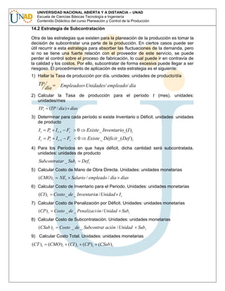 UNIVERSIDAD NACIONAL ABIERTA Y A DISTANCIA – UNAD
Escuela de Ciencias Básicas Tecnología e Ingeniería
Contenido Didáctico del curso Planeación y Control de la Producción

14.2 Estrategia de Subcontratación
Otra de las estrategias que existen para la planeación de la producción es tomar la
decisión de subcontratar una parte de la producción. En ciertos casos puede ser
útil recurrir a esta estrategia para absorber las fluctuaciones de la demanda, pero
si no se tiene una fuerte relación con el proveedor de este servicio, se puede
perder el control sobre el proceso de fabricación, lo cual puede ir en contravía de
la calidad y los costos. Por ello, subcontratar de forma excesiva puede llegar a ser
riesgoso. El procedimiento de aplicación de esta estrategia es el siguiente:
1) Hallar la Tasa de producción por día. unidades: unidades de producto/día

TP

Empleados Unidades/ empleado/ día

día

2) Calcular la Tasa de producción para el período t (mes). unidades:
unidades/mes

TPt

(TP / día ) días

3) Determinar para cada período si existe Inventario o Déficit. unidades: unidades
de producto

It

Pt

It

1

Ft

0

Existe_ Inventario_(I ) t

It

Pt

It

1

Ft

0

Existe _ Déficit _( Def ) t

4) Para los Períodos en que haya déficit, dicha cantidad será subcontratada.
unidades: unidades de producto

Subcontrat ar _ Subt

Def t

5) Calcular Costo de Mano de Obra Directa. Unidades: unidades monetarias

(CMO ) t

NEt

Salario / empleado / día días

6) Calcular Costo de Inventario para el Periodo. Unidades: unidades monetarias

(CI ) t

Costo _ de _ Inventarios / Unidad I t

7) Calcular Costo de Penalización por Déficit. Unidades: unidades monetarias

(CP ) t

Costo _ de _ Penalizaci ón / Unidad

Subt

8) Calcular Costo de Subcontratación. Unidades: unidades monetarias

(CSub ) t

Costo _ de _ Subcontrat ación / Unidad

Sub t

9) Calcular Costo Total. Unidades: unidades monetarias

(CT ) t

(CMO ) t

(CI ) t

(CP ) t

(CSub ) t

 