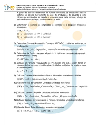 UNIVERSIDAD NACIONAL ABIERTA Y A DISTANCIA – UNAD
Escuela de Ciencias Básicas Tecnología e Ingeniería
Contenido Didáctico del curso Planeación y Control de la Producción

A partir de esto se determinan el número necesario de empleados para el
sistema se calcula nuevamente la tasa de producción de acuerdo a este
número de empleados, se calcula el inventario para cada período, y luego se
estiman los costos de producción asociados a ello
5) Determinar el número de empleados a contratar o a despedir. Unidades:
empleados

NES t

NES t

1

Si _ la _ diferencia _ es
Si _ la _ diferencia _ es

0
0

Contratar
Despedir

6) Determinar Tasa de Producción Corregida
producto/día

TP / día

(TP / día) . Unidades: unidades de

No _ de _ Empleados _ requeridos Unidades / empleado / día

7) Determinar la Producción para el período t. Unidades: unidades de producto
para el período t (mes)

Pt

TP / día ( No _ días ) t

8) Calcular al Formula Presupuestal de Producción (no debe existir déficit en
ninguno de los períodos considerados). Unidades: unidades de producto para
el período t (mes)

It

Pt

It

1

Ft

9) Calcular Costo de Mano de Obra Directa. Unidades: unidades monetarias

(CMO ) t

NEt

Salario / empleado / día días

10) Calcular Costo de Contratar. Unidades: unidades monetarias

(CC ) t

No. _ Empleados _ Contratadost Costo _ de _ Contratación / empleado

11)Calcular Costo de Despedir. Unidades: unidades monetarias

(CD ) t

No. _ Empleados _ Despedidos t

Costo _ Despido / empleado

12)Calcular Costo de Inventario para el Periodo. Unidades: unidades monetarias

(CI ) t

Costo _ de _ Inventario s / Unidad

It

13) Calcular Costo Total. Unidades: unidades monetarias

(CT ) t

(CMO ) t

(CC ) t

(CD ) t

(CI ) t

 