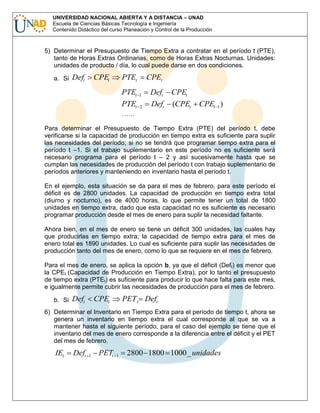 UNIVERSIDAD NACIONAL ABIERTA Y A DISTANCIA – UNAD
Escuela de Ciencias Básicas Tecnología e Ingeniería
Contenido Didáctico del curso Planeación y Control de la Producción

5) Determinar el Presupuesto de Tiempo Extra a contratar en el período t (PTE),
tanto de Horas Extras Ordinarias, como de Horas Extras Nocturnas. Unidades:
unidades de producto / día, lo cual puede darse en dos condiciones.
a. Si

Deft

CPEt

PTEt

CPEt

PTEt

1

Deft

CPEt

PTEt

2

Deft

(CPEt

CPEt 1 )

……
Para determinar el Presupuesto de Tiempo Extra (PTE) del período t, debe
verificarse si la capacidad de producción en tiempo extra es suficiente para suplir
las necesidades del período; si no se tendrá que programar tiempo extra para el
período t –1. Si el trabajo suplementario en este período no es suficiente será
necesario programa para el período t – 2 y así sucesivamente hasta que se
cumplan las necesidades de producción del período t con trabajo suplementario de
períodos anteriores y manteniendo en inventario hasta el período t.
En el ejemplo, esta situación se da para el mes de febrero, para este período el
déficit es de 2800 unidades. La capacidad de producción en tiempo extra total
(diurno y nocturno), es de 4000 horas, lo que permite tener un total de 1800
unidades en tiempo extra, dado que esta capacidad no es suficiente es necesario
programar producción desde el mes de enero para suplir la necesidad faltante.
Ahora bien, en el mes de enero se tiene un déficit 300 unidades, las cuales hay
que producirlas en tiempo extra; la capacidad de tiempo extra para el mes de
enero total es 1890 unidades. Lo cual es suficiente para suplir las necesidades de
producción tanto del mes de enero, como lo que se requiere en el mes de febrero.
Para el mes de enero, se aplica la opción b, ya que el déficit (Deft) es menor que
la CPEt (Capacidad de Producción en Tiempo Extra), por lo tanto el presupuesto
de tiempo extra (PTEt) es suficiente para producir lo que hace falta para este mes,
e igualmente permite cubrir las necesidades de producción para el mes de febrero.
b. Si

Deft

CPEt

PET t Deft

6) Determinar el Inventario en Tiempo Extra para el período de tiempo t, ahora se
genera un inventario en tiempo extra el cual corresponde al que se va a
mantener hasta el siguiente período, para el caso del ejemplo se tiene que el
inventario del mes de enero corresponde a la diferencia entre el déficit y el PET
del mes de febrero.

IEt

Deft

1

PETt

1

2800 1800 1000 _ unidades

 