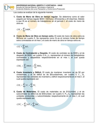 UNIVERSIDAD NACIONAL ABIERTA Y A DISTANCIA – UNAD
Escuela de Ciencias Básicas Tecnología e Ingeniería
Contenido Didáctico del curso Planeación y Control de la Producción

Los costos se evalúan de la siguiente manera:
1. Costo de Mano de Obra en tiempo regular. Se determina como el valor
pagado por tiempo regular $640 = $4/hora x 8/horas/día x 20 días/mes. Debido
a que W t es el número de trabajadores en el período t, el costo de mano de
obra es:
6

CWt

640W t
1

2. Costo de Mano de Obra en tiempo extra. El costo de mano de obra extra es
$6/hora ver cuadro 5. Se representa como Ot es el número horas de tiempo
extra contratadas en el mes t, el costo de mano de obra en tiempo extra es:
6

COt

6O t
1

3. Costo de Contratación y Despido. El costo de contratar es de $300 y el de
despedir de $500, ver cuadro 5 Ht y Lt, representan el número de trabajadores
contratados y despedidos respectivamente en el mes t, el cual queda
expresado así:
6

CHLt

6

300 H t

500 L t

1

1

4. Costo Inventario y Déficit. El costo de mantener inventario es de $2 por
unidad/mes, y el de déficit es de $5/unidad/mes, ver cuadro 5. It y St,
representan las unidades de inventario y déficit respectivamente en el mes t, el
cual queda expresado así:
6

6

CISt

2I t
1

5S t
1

5. Costo de Materiales. El costo de materiales es de $10/unidad, y el de
subcontratar es déficit es de $30/unidad, ver cuadro 5. Pt y Ct, representan las
unidades producidas y subcontratadas respectivamente en el mes t, el cual
queda expresado así:
6

CPCt

6

10 P t
1

30C t
1

 