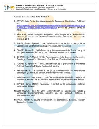 UNIVERSIDAD NACIONAL ABIERTA Y A DISTANCIA – UNAD
Escuela de Ciencias Básicas Tecnología e Ingeniería
Contenido Didáctico del curso Planeación y Control de la Producción

Fuentes Documentales de la Unidad 1
1) ANTÚN, Juan Pablo. Administración de la Cadena de Suministros. Publicado
en:
http://segmento.itam.mx/Administrador/Uploader/material/Administracion%20de
%20la%20Cadena%20de%20Suministros.PDF Fecha de Consulta: Enero de
2010.
2) BÀGUENA, Josep Gibergans. Regresión Lineal Simple. UOC. Publicado en:
http//:cv.uoc.es/cdocent/15TB1WIOWYUI8NVB52CU.pdf Fecha de consulta.
Enero de 2010
3) BUFFA, Elwood Spencer. (1992) Administración de la Producción y de las
Operaciones. Editorial Limusa Grupo Noriega Editores. México.
4) CHASE, Richard B. (2005) Dirección y Administración de la Producción y de
las Operaciones Edición: 6a. ed. McGraw-Hill Interamericana. México.
5) CHOPRA, S., P. Meindl (2008). Administración de la Cadena de Suministro,
Estrategia, Planeación y Operación, 3ra. Edición, Prentice Hall, México.
6) FOGARTY, Donald W. (1994) Administración de la producción e inventarios
Editorial: Compañía Editorial Continental. México
7) KRAJEWSKI L.J. RITZMAN L. P (200) Administración de Operaciones
Estrategias y Análisis. 5a Edición. Pearson Education. México.
8) NARASIMHAN, Seetharama. (1996) Planeación de la producción y control de
inventarios. Edición: 2a. ed. Editorial. Prentice-Hall Hispanoamericana. México
9) SIPPER, Daniel (1998). Planeación y control de la producción. Editorial.
McGraw-Hill. México.
10)SCHROEDER, Roger G. (2004) Administración de Operaciones: Casos y
Conceptos Contemporáneos. Edición: 2a. ed. Editorial: McGraw-Hill
Interamericana. México.
11)TAHA, Hamdy A. (2004) Investigación de operaciones. Editorial. Pearson
Educación. México

 