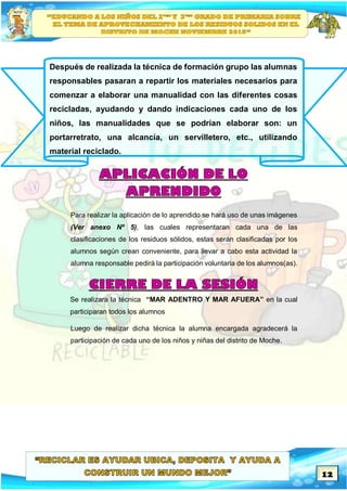 12
Después de realizada la técnica de formación grupo las alumnas
responsables pasaran a repartir los materiales necesarios para
comenzar a elaborar una manualidad con las diferentes cosas
recicladas, ayudando y dando indicaciones cada uno de los
niños, las manualidades que se podrían elaborar son: un
portarretrato, una alcancía, un servilletero, etc., utilizando
material reciclado.
Para realizar la aplicación de lo aprendido se hará uso de unas imágenes
(Ver anexo Nº 5), las cuales representaran cada una de las
clasificaciones de los residuos sólidos, estas serán clasificadas por los
alumnos según crean conveniente, para llevar a cabo esta actividad la
alumna responsable pedirá la participación voluntaria de los alumnos(as).
Se realizara la técnica “MAR ADENTRO Y MAR AFUERA” en la cual
participaran todos los alumnos
Luego de realizar dicha técnica la alumna encargada agradecerá la
participación de cada uno de los niños y niñas del distrito de Moche.
 