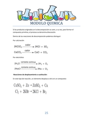 MODULO QUIMICA
25
Si los productos originados en la descomposición se unen, a su vez, para formar el
compuesto primitivo, el proceso se denomina disociación.
Dentro de las reacciones de descomposición podemos distinguir:
Por calcinación
Por electrólisis
-Reacciones de desplazamiento o sustitución:
En este tipo de reacción, un elemento desplaza a otro en un compuesto:
 