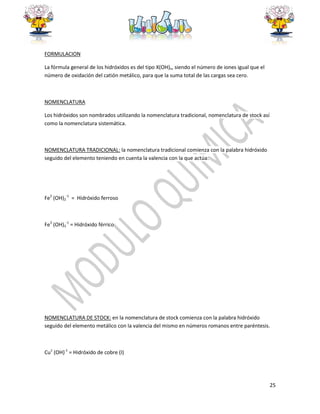 25
FORMULACION
La fórmula general de los hidróxidos es del tipo X(OH)n, siendo el número de iones igual que el
número de oxidación del catión metálico, para que la suma total de las cargas sea cero.
NOMENCLATURA
Los hidróxidos son nombrados utilizando la nomenclatura tradicional, nomenclatura de stock así
como la nomenclatura sistemática.
NOMENCLATURA TRADICIONAL: la nomenclatura tradicional comienza con la palabra hidróxido
seguido del elemento teniendo en cuenta la valencia con la que actúa:
Fe2
(OH)2
-1
= Hidróxido ferroso
Fe3
(OH)3
-1
= Hidróxido férrico
NOMENCLATURA DE STOCK: en la nomenclatura de stock comienza con la palabra hidróxido
seguido del elemento metálico con la valencia del mismo en números romanos entre paréntesis.
Cu1
(OH)-1
= Hidróxido de cobre (I)
 