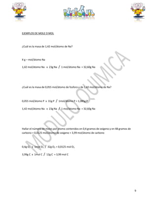 9
EJEMPLOS DE MOLE O MOL
¿Cuál es la masa de 1,42 mol/átomo de Na?
X g – mol/átomo Na
1,42 mol/átomo Na x 23g Na / 1 mol/átomo Na = 32,60g Na
¿Cuál es la masa de 0,055 mol/átomo de fosforo y de 1,42 mol/átomo de Na?
0,055 mol/átomo P x 31g P / 1mol/átomo P = 1,085g P
1,42 mol/átomo Na x 23g Na / 1 mol/átomo Na = 32,60g Na
Hallar el número de moles por átomo contenidos en 0,4 gramos de oxígeno y en 48 gramos de
carbono = 0,0125 mol/átomo de oxigeno = 3,99 mol/átomo de carbono
0,4g O2 x 1mol O2 / 32g O2 = 0,0125 mol O2
3,99g C x 1mol C / 12g C = 3,99 mol C
 