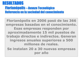 FlorianFlorianóópolispolis –– Avanzo TecnolAvanzo Tecnolóógicogico
Referencia en la sociedad del conocimientoReferencia en la sociedad del conocimiento
Florianópolis en 2006 pasó de las 366
empresas basadas en el conocimiento.
Esas empresas responden por
aproximadamente 15 mil puestos de
trabajo directos e indirectos. Generan
ingresos anuales superiores a 500
millones de reales.
Se instalan 20 a 30 nuevas empresas
por año
RESULTADOSRESULTADOS
 