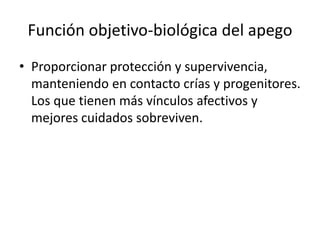 Función objetivo-biológica del apego
• Proporcionar protección y supervivencia,
manteniendo en contacto crías y progenitores.
Los que tienen más vínculos afectivos y
mejores cuidados sobreviven.
 