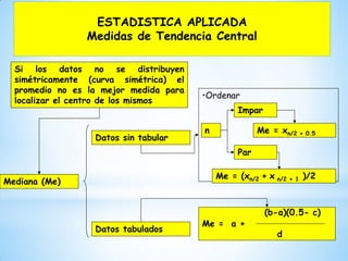 ESTADISTICA APLICADA
Medidas de Tendencia Central
Mediana (Me)
Datos sin tabular
Datos tabulados
Si los datos no se distribuyen
simétricamente (curva simétrica) el
promedio no es la mejor medida para
localizar el centro de los mismos
(b-a)(0.5- c)
Me = a +
d
Me = xn/2 + 0.5
Impar
•Ordenar
Par
n
Me = (xn/2 + x n/2 + 1 )/2
 
