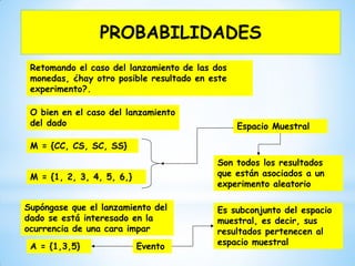 M = {CC, CS, SC, SS}
O bien en el caso del lanzamiento
del dado
M = {1, 2, 3, 4, 5, 6,}
Espacio Muestral
Retomando el caso del lanzamiento de las dos
monedas, ¿hay otro posible resultado en este
experimento?.
Son todos los resultados
que están asociados a un
experimento aleatorio
Supóngase que el lanzamiento del
dado se está interesado en la
ocurrencia de una cara impar
A = {1,3,5} Evento
Es subconjunto del espacio
muestral, es decir, sus
resultados pertenecen al
espacio muestral
PROBABILIDADES
 